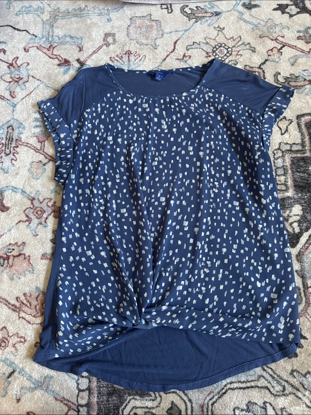 Apt. 9 Navy Blue White Dot Knot-Front Short Sleeve Top